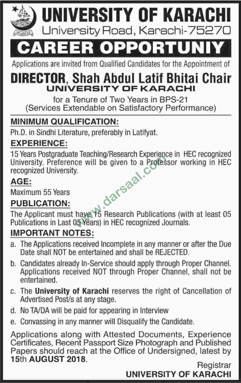 Director Job in University of Karachi, 14 July 2018