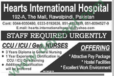 CCU, ICU, General Nurse Jobs in Hearts International Hospital, Rawalpindi 14 July 2018