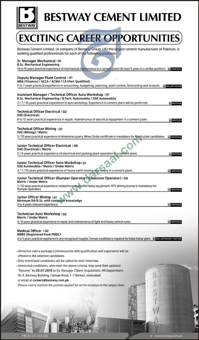 Deputy Manager, Assistant Manager, Technician, Medical Officer, Technical Officer Jobs in Bestway Cement Pakistan, Islamabad 15 July 2018