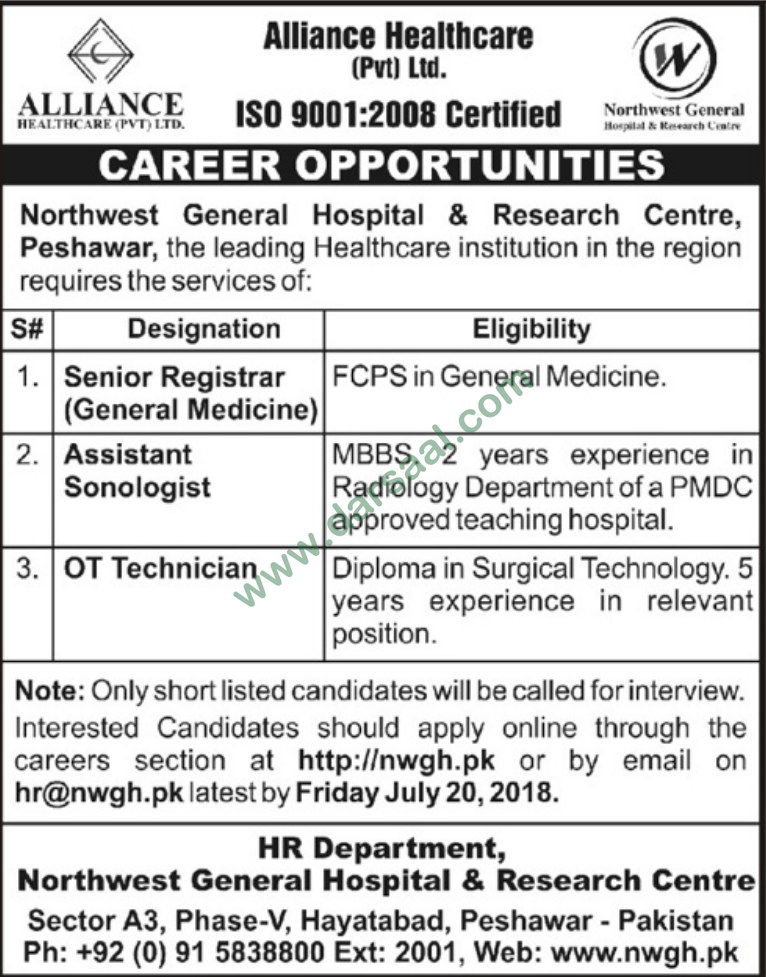 Registrar, OT Technician, Assistant Sonologist Jobs in Alliance Healthcare, Peshawar 15 July 2018