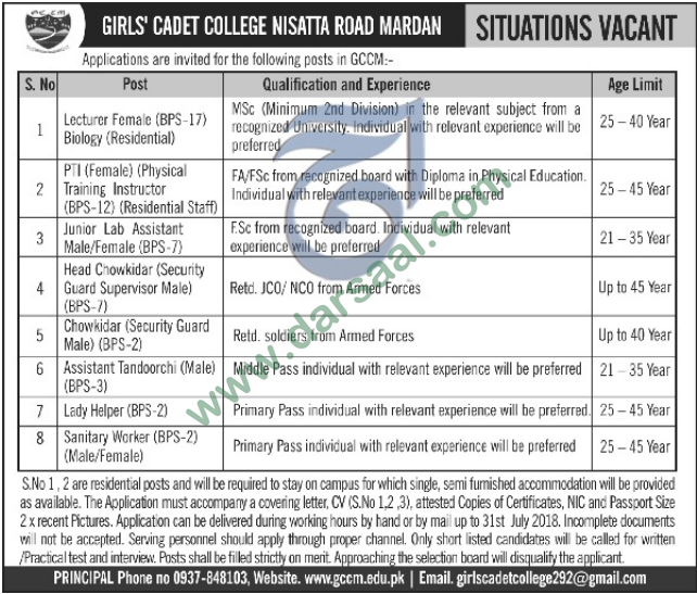 Lecturer, Lab Assistant, Lady Helper, Sentry Worker, Chowkidar Jobs in Girls Cadet College, Mardan 15 July 2018