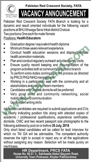 Health Educator Jobs in Pakistan Red Crescent, Peshawar 15 July 2018