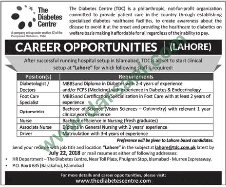 Doctors Jobs in The Diabetes Center, Lahore 15 July 2018