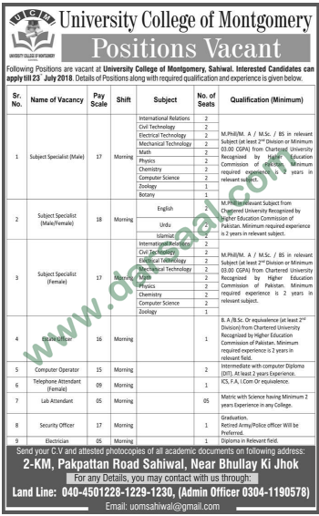 Teachers, Computer Operator, Telephone Attendant, Lab Attendant, Electrician Jobs in University College of Montgomery, Sahiwal 15 July 2019