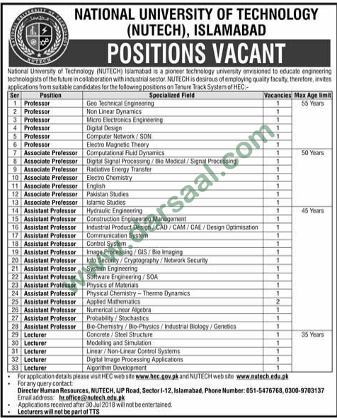 Professor, Associate Professor, Assistant Professor, Lecturer Jobs in National University of Technology, Islamabad 15 July 2018
