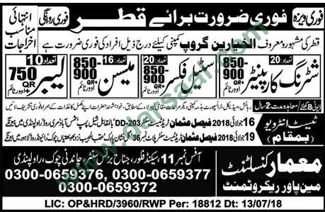 Shuttering Carpenter, Steel Fixer, Mason, Labour Jobs in Qatar, 15 July 2018