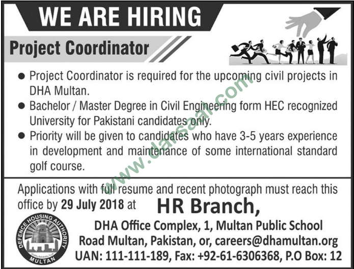 Project Coordinator Job in DHA, Multan 15 July 208