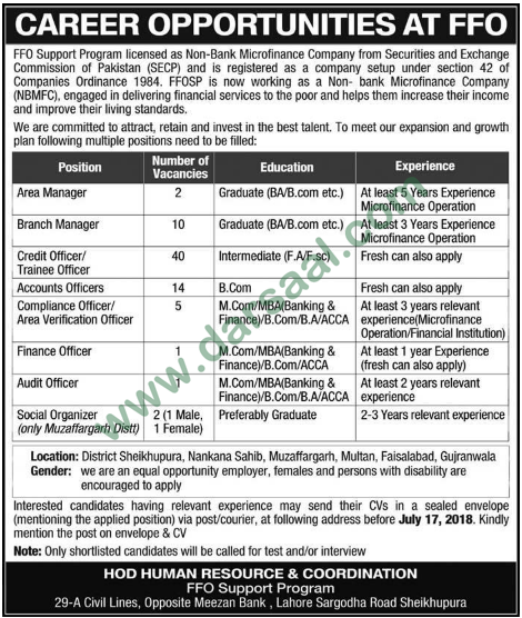 Account Officer, Branch Officer, Area Officer, Audit Officer Jobs in Sheikhupura, 15 July 2018