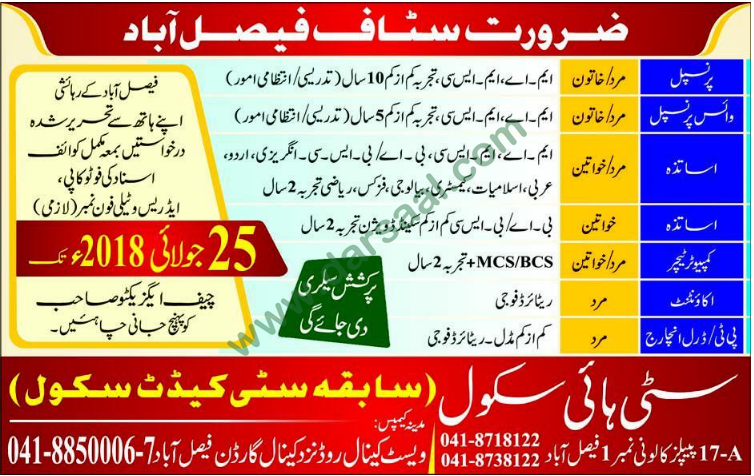 Principal, Accountant, Teachers Jobs in Faisalabad, 15 July 2018