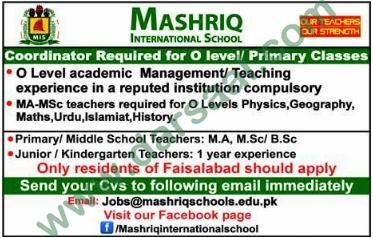 Coordinator Job in Mashriq International School, Faisalabad 15 July 2018