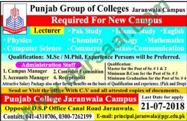 Lecturer, Accounts Manage, Examination Controller, Receptionist Jobs in Punjab Group of College, Jaranwala 15 July 2018