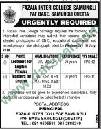 Lecturer, Teachers Jobs in Fazaia Inter College, Quetta 15 July 208