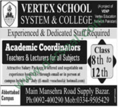 Coordinators, Teachers, Lecturer Jobs in Vertex School System & College, Abbottabad 20 July 2018