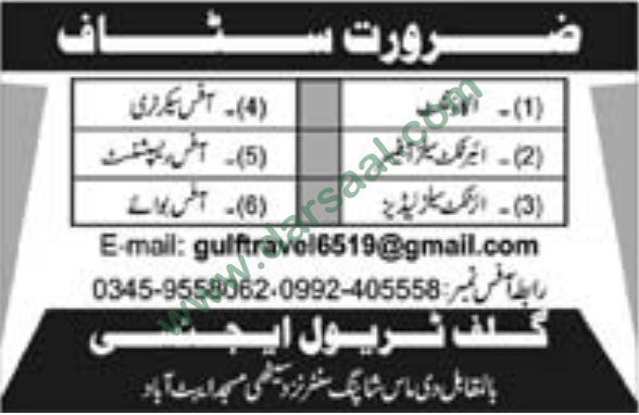 Accountant, Receptionist, Office Boy, Sales Officer Jobs in Gulf Travel Agency, Abbottabad 20 July 2018