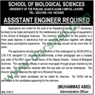 Assistant Engineer Job in School of Biological Sciences, Lahore 20 July 2018