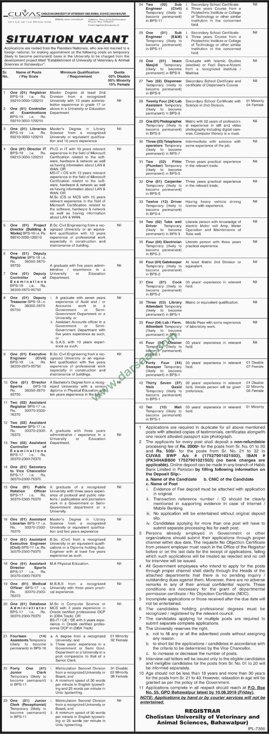 Photographer, Telephone Operator, Fitter, Carpenter, Driver, Electrician Jobs in Cholistan University of Veterinary & Animal Sciences, Bahawalpur 20 July 2018