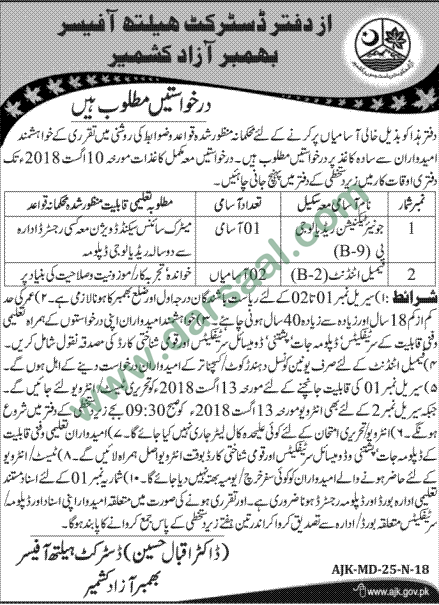 Radiology Technician, Attendant jobs in District Health Officer, Bhimbar 31 July 2018