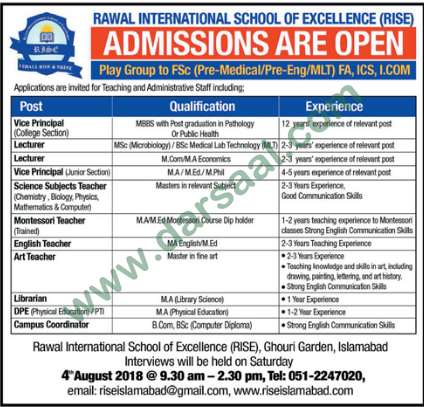 Librarian, Coordinator Jobs in Rawal International School of Excellence, Islamabad 31 July 2018