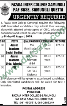 Teachers, PTI Jobs in Fazaia Inter School, Quetta 31 July 2018