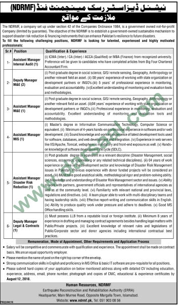 Assistant Manager, Deputy MAnager, Legal Manager Jobs in National Disaster Risk Management Fund, Islamabad 31 July 2018
