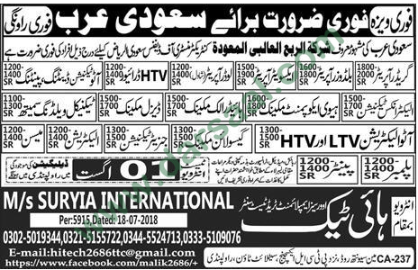 Electrician, Plumber, Mason Jobs in Saudi Arabia, 31 July 2018