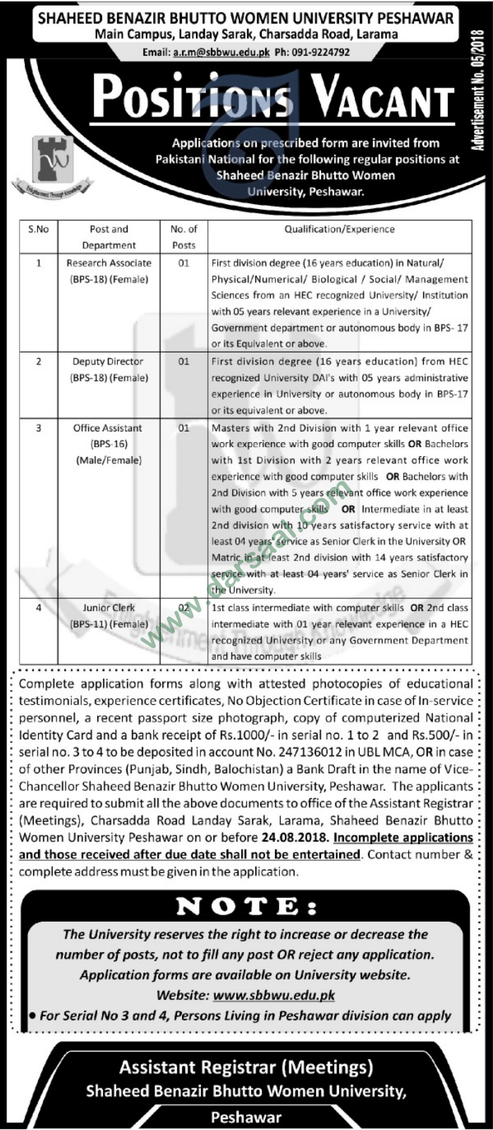 Research Associate, Deputy Director, Junior Clerk Jobs in Shaheed Benazir Bhutto Women University, Peshawar 11 August 2018