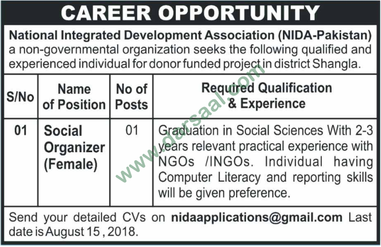 Female Social Organizer Job in National Integrated Development Association, Shangla 11 August 2018