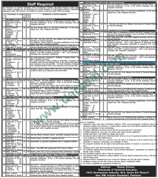 Instructor, Lecturer, Librarian Jobs in FATA Development Authority, Peshawar 11 August 2018