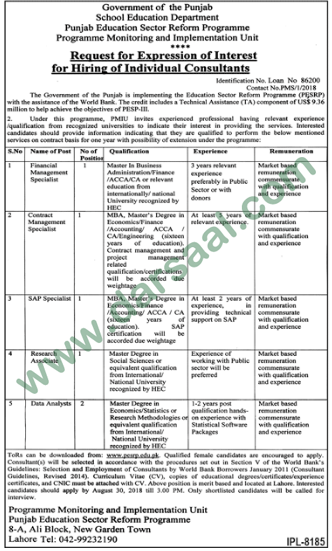 Data Analyst, Research Associate, Financial Specialist Jobs in Govt. of Punjab School Education Department, Lahore 11 August 2018