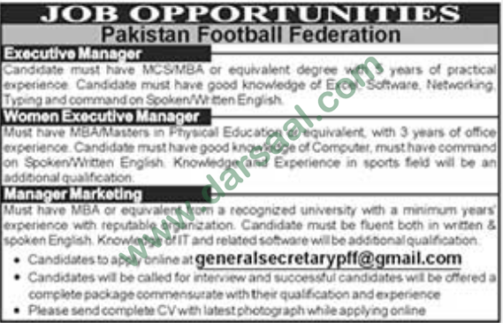 Executive Manager, Marketing Manager Jobs in Pakistan Football Federation, Lahore 11 August 2018