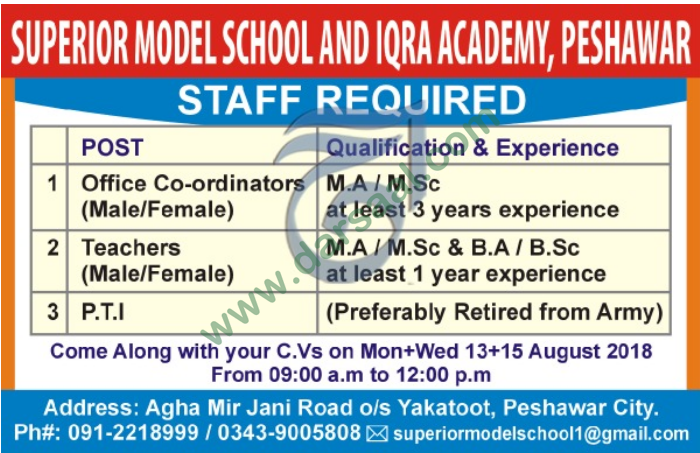 Office Coordinator, Teachers, PTI Jobs in Superior Model School & Iqra Academy, Peshawar 12 August 2018