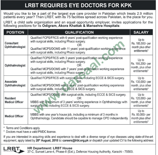 Medical Officer, Consultant Jobs in LRBT Hospital, Karachi 12 August 2018