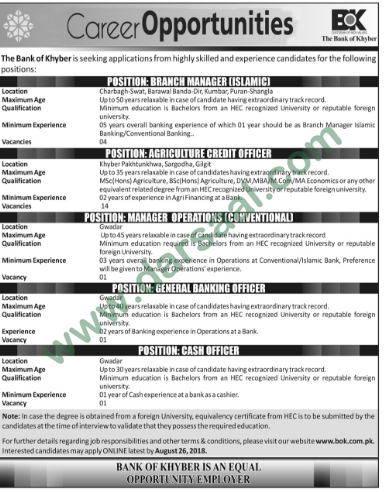 Branch Manager, Cash Officer, Manager Operations Jobs in Bank of Khyber, Peshawar 12 August 2018