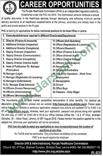 Finance Director, Deputy Director, Data Analyst Jobs in Punjab Healthcare Commission, Lahore 12 August 2018
