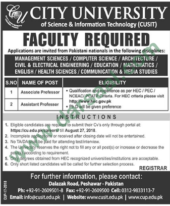 Associate Professor, Assistant Professor Jobs in City University of Science & Information Technology, Peshawar 12 August 2018