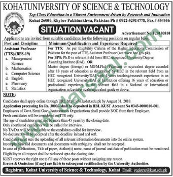 Assistant Professor Job in Kohat University of Science & Technology, Kohat 12 August 2018