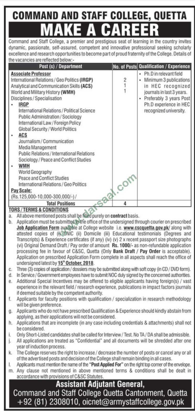 Associate Professor Job in Command & Staff College, Quetta 12 August 2018