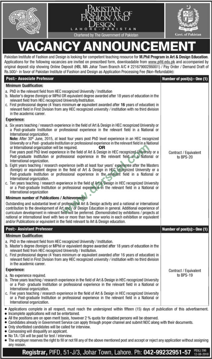 Assistant Professor, Associate Professor Jobs in Pakistan Institute of Fashion & Design, Lahore 12 August 2018