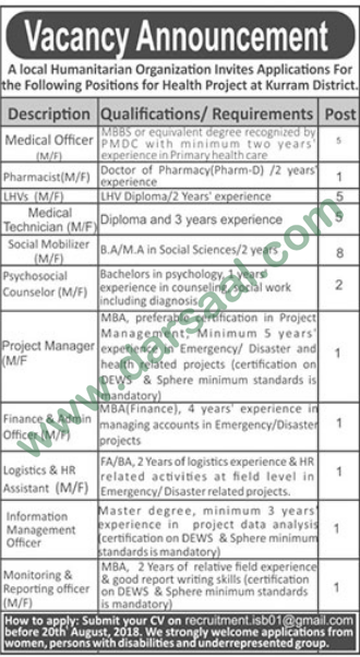 Medical Officer, Pharmacist, Social Mobilizer Jobs in Humanitarian Organisations, Rawalpindi 12 August 2018