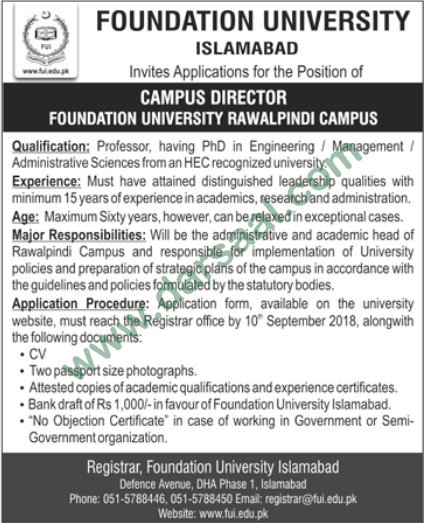 Campus Director Job in Foundation University, Faisalabad 12 August 2018