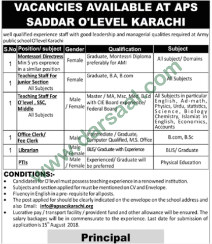 Teacher, Clerk, Librarian Jobs in APS, Karachi 12 August 2018