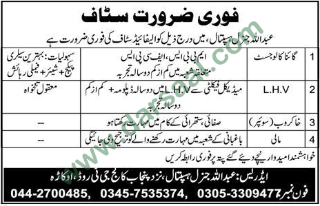 Gynaecologist, Khakrob, Mali Jobs in Abdullah General Hospital, Okara 12 August 2018