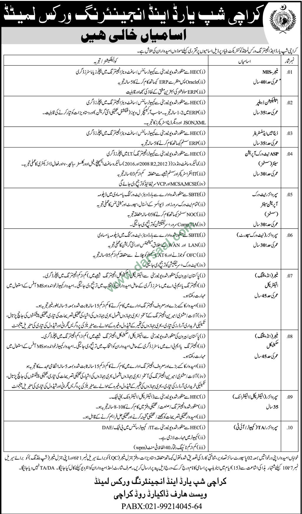 Manager, Data Base Officer, Supervisor Jobs in Karachi Shipyard & Engineering Works Limited, 12 August 2018