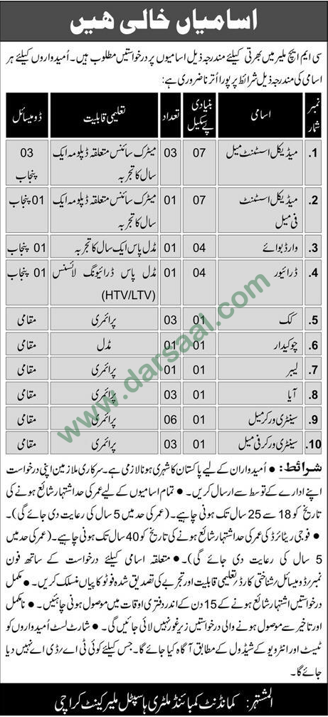 Medical Assistant, Ward Boy, Driver Jobs in CMH, Malir 12 August 2018