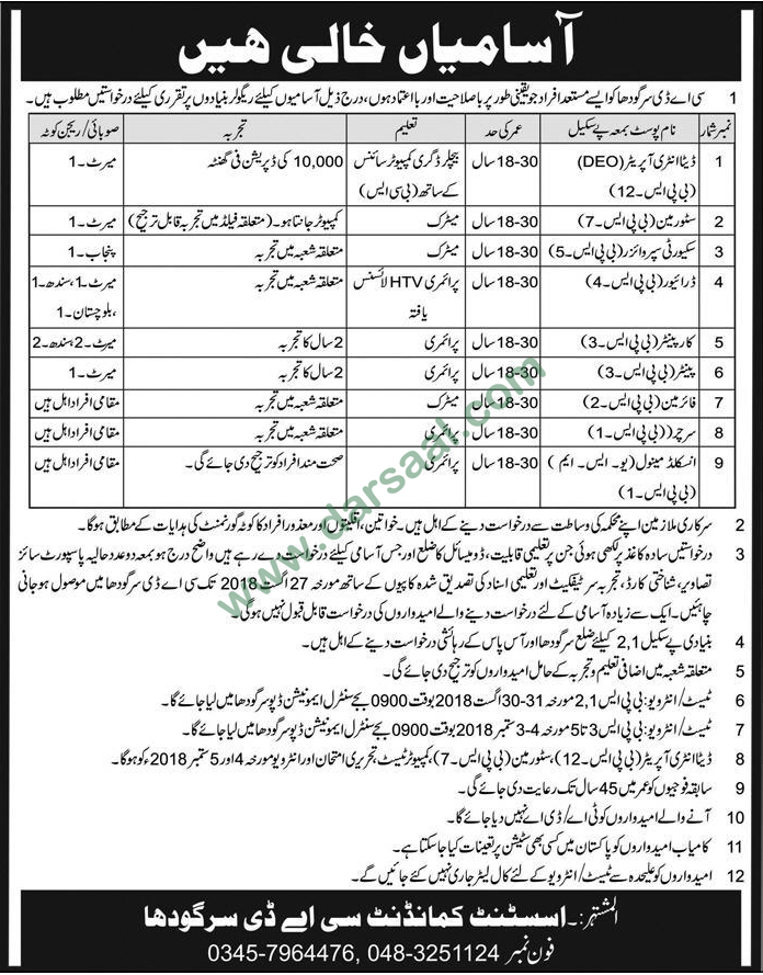 Data Entry Operator, Storeman, Security Supervisor Jobs in Central Ammunition Depot, Sargodha 12 August 2018
