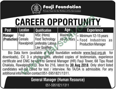 Manager Job in Fauji Foundation, Rawalpindi 12 August 2018