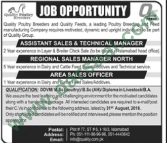 Sales Manager, Assistant Sales & Technical Manager Jobs in Quality Poultry Products, Islamabad 12 August 2018