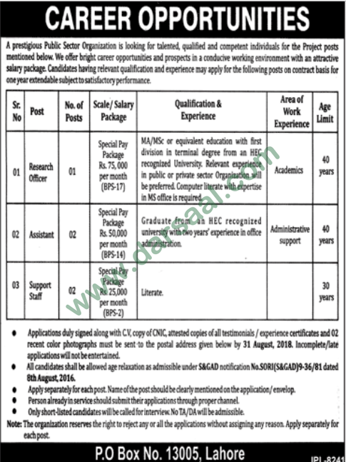 Support Staff, Research Assistant, Assistant Jobs in Public Sector Organization, Lahore 13 August 2018