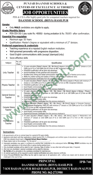 Teacher Jobs in Punjab Daanish Schools & Centers Of Excellence Authority, Bahawalpur 13 August 2018