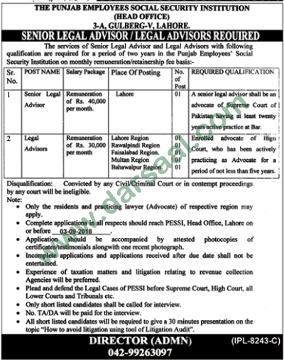Senior & Legal Advisor Jobs in Punjab Employees Social Security Institution, Lahore 13 August 2018